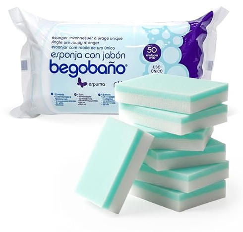 Begobaño Esponja Jabonosa Desechable. Esponja de Baño de Un Solo Uso con Gel Dermatológico e Hipoalergénico. 50 Unidades