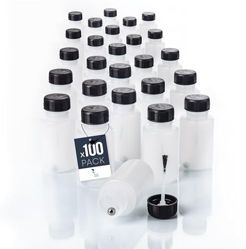 BenBow - Frascos 100x 50 ml con Pincel y Bola mezcladora - Pincel Fino, Transparente - Resistente a los disolventes - para almacenar y aplicar líquidos - Frascos de plástico HDPE para Pinturas
