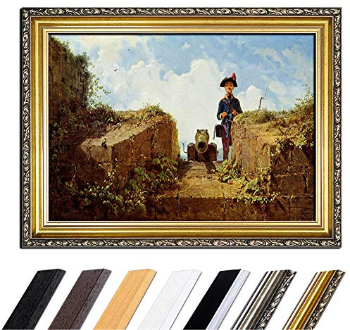 Bilderdepot24 Bild mit Rahmen - Carl Spitzweg Der strickende Vorposten 50x40 cm - Gerahmtes Leinwandbild Alte Meister - Antiker Rahmen Gold Barock, Klassisch