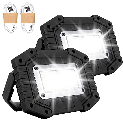 Trongle LED Rechargeable Work Lights, 30W Floodlight Battery Security Light with 3 Modes Outdoor COB Camping Lights with USB Waterproof for Garage, Fishing, Hiking, Black, 2 Packs (Battery Included)