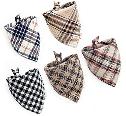 5PCS Dog Bandanas with Button - Thick Triangle Bibs Dual Layer Soft Cotton Scarves for Small Medium Boy Girl Puppy Cat Pet Baby Square Plaid Printing Washable Kerchief Halloween Costumes Outfits