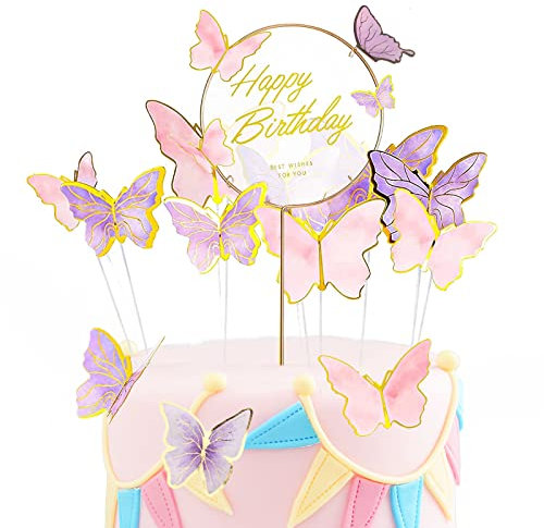Bymivofun 21 Piezas Adornos Tarta de Mariposas, Decoración Tarta de Mariposa de Feliz Cumpleaños, para Niñas, Niñas, Cumpleaños, Fiesta de San Valentín