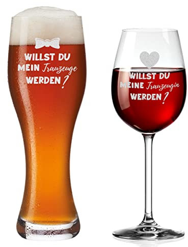 polar-effekt Bierglas und Weinglas 2er-Set mit Gravur - Willst du Trauzeuge & Trauzeugin Werden Geschenkidee - für Mann und Frau - Hochzeitsplanung