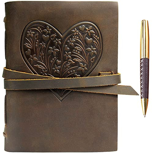 Sovereign-Gear Leder Notizbuch Journal Herz Geprägt A5 Reisetagebuch, Vintage Schreiben für Frauen Mädchen Teenager, Antike Weiche Rustikale Echtes Leder 20x15cm Geschenk, Tagebuch Skizzenbuch
