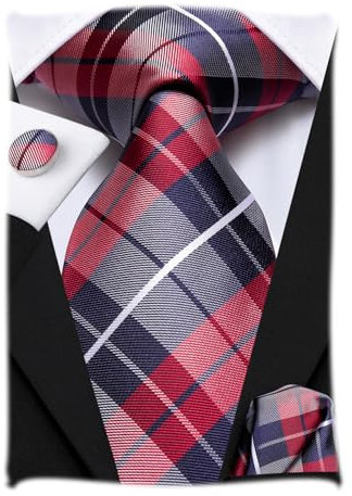 Hi-Tie Hochzeitskrawatte Seidenkrawatte für Männer Business Krawatte Einstecktuch Manschettenknöpfe Set,rot grau kariert