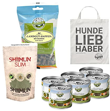 Bellfor Futterset für kleine, ernährungssensible Hunde – Landgut-Menü Nassfutter mit Insekten 6×200 g + Landgut-Happen 200 g + Shiimun Slim 50 g + Jutebeutel