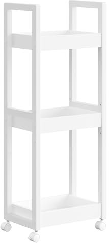 SONGMICS Rollwagen, Badregal, Badezimmerregal mit 3 Ebenen, Nischenregal Bambus, Regal schmal, Nischenwagen auf Rollen, platzsparend, 20 x 30 x 80 cm, weiß BCB083W01