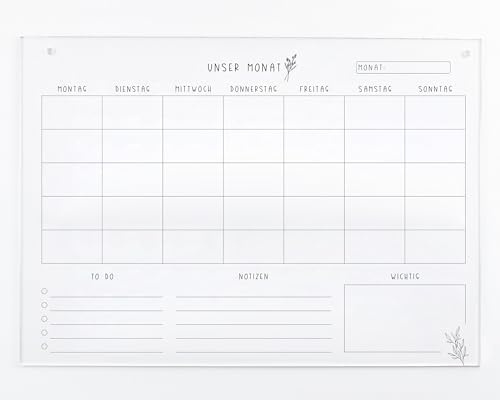 Monatsplaner Unser Monat A3 Acryl | Monatskalender | Wandplaner für den Monat abwischbar | Wandkalender undatiert | To-Do-Liste |Acrylglas (A3)