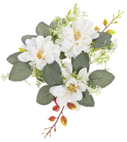 Garneck Blumen Kerzenringe Dahlie Eukalyptus Kerzenkranz Kerzen Kranz Ringe Dekokranz Seidenblumen Weidenkranz Hochzeit Kerzenhalter für Stumpenkerzen Stabkerzen Bauernhaus Landhaus Deko