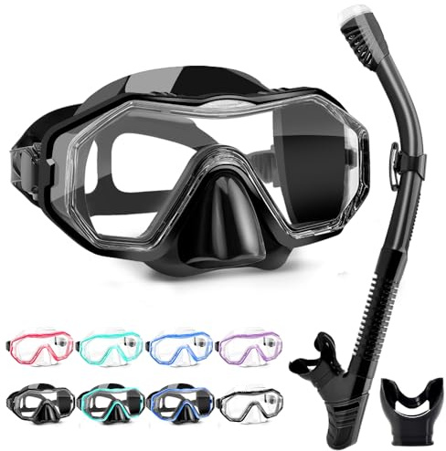 HINATAA Gafas de Buceo, 180° Antivaho Gafas de Snorkel y Antifugas Tubo de Esnórquel de Silicona, Anti UV Máscara de Buceo, Respiración Fácil Set de Snorkel para Adulto y Adolescentes (Negro)