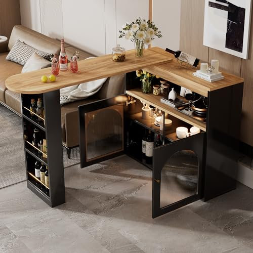 Aoskem Ausziehbarer Bartisch Esstisch Beistelltisch mit Stauraum 2 Türen & Regal, mit LED, Küchentisch Buffetschrank Sideboard Stehtisch Theke klein Hausbar, für Esszimmer, 138/193x39x105cm (Schwarz)