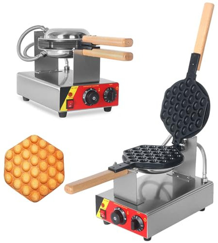 JMOZHCD Commercial Bubble Waffle Maker, Hexagonal Egg Bubble Waffle Iron, 180° Rotatable, Single Head Egg Puff Waffle Maker Non-stick