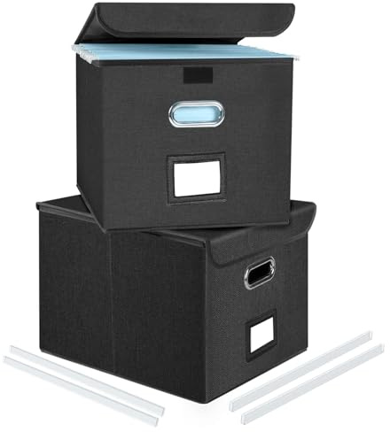 Okydoky Ablageboxen mit Deckel,A4 Hängemappenbox aus Faserplatte und Papier in stilvoller Leinenoptik, Geeignet für Haus und Büro, und Datei Ablageboxen(Black-2p)