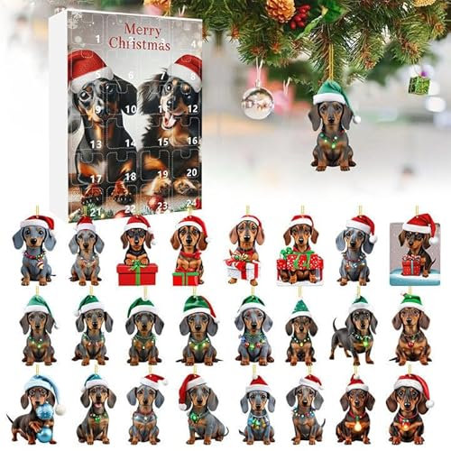 Weihnachtsgeschenke 2024 Festival Urlaub Adventskalender 24 Tage Weihnachten Countdown Kalender Dackel Anhänger mit Weihnachtsmannmützen 2D Weihnachtsbaum Huhn Ornamente für Weihnachtsfeier