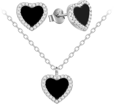 Evensee Svart Onyx Hjärta Set 925 Silver,Hjärtformade Örhängen och Halsband med Svart Onyx,Rodiumbelagda Smycken,Present till Kvinnor för Mors Dag och Jul