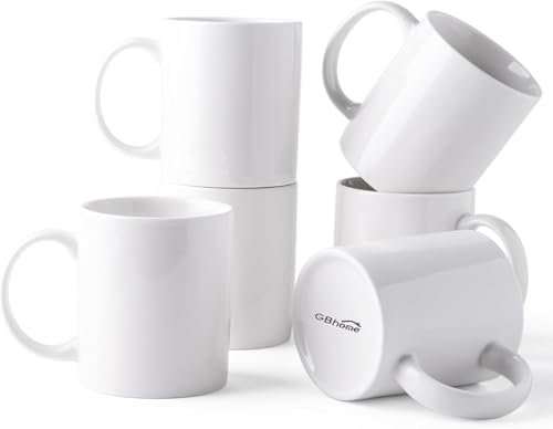 GBhome GCM021WT 340ml Off White Ceramic Coffee Cups – Set of 6 Lightweight Mugs with Large Handle for Men & Women, Ideal for Tea, Lattes, Hot Chocolate – Dishwasher & Microwave Safe