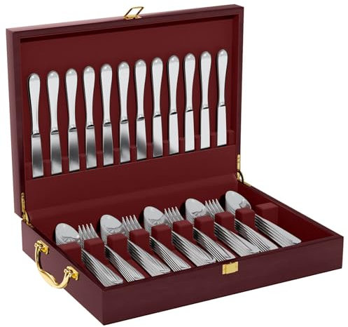 WGLILO Boîte de rangement en bois avec couvercle, étui à couverts avec poignée et doublure en feutre, coffre à couverts argenté pour 12 ensembles d'ustensiles pour fourchettes, couteaux, cuillères