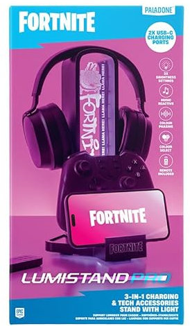 Paladone Fortnite 3-in-1 Headphone Stand and Tech Charging Station with Console Controller Cradle and 2 USB-C Ports, RGB Colour Changing Light Panel, Officially Licensed Gift for Gamers