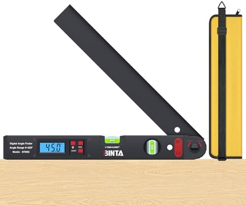 BINTA Détecteur d'Angle Numérique 0-225° avec Écran LCD Rétroéclairé, Outil en Aluminium avec Niveau à Bulles Horizontal/Vertical, Sac de Rangement, pour Menuiserie, Machines, Construction DIY Noir