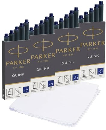 Parker Quink Fountain Pen Refills Set with Cloth - Long Cartridges Blue Ink, Pack of 20 with Polishing Cloth