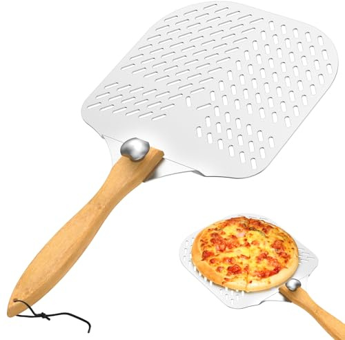 Eyoulife Perforierter Pizzaschieber Aluminium 62x30cm Pizzaschaufel mit Holzgriff Hitzebeständig Rutschfest für Pizza Kuchen Brot