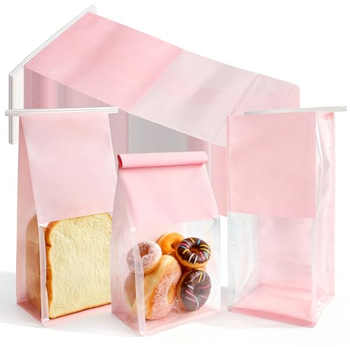 Okllen 100 Pcs Bakery Bags with Tin Tie, 26.5 x 12.5 x10cm Reusable Paper Bread Bags with Window, Grease Proof Storage Storage Packing Bag for Bread, Bakery, Cafe, Snack, Candy, Pink