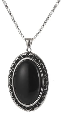 YWMAN Vintage Oval Pendant, Black Onyx Stone with Ornate Silver Frame, Gothic Victorian Jewelry