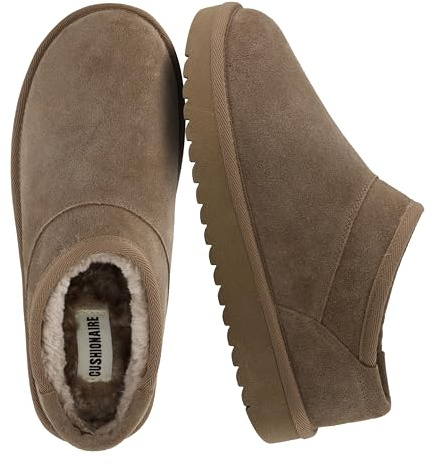 CUSHIONAIRE Hilo-3 Cozy Suede Womens Slippers, Soft Faux Fur Lined Slip On House Shoes for Women with Cushioned Memory Foam, TAUPE 9