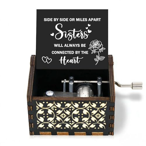 Muzero Music Box Gift for Bestie Sister, Sisters Connected by Heart Hand Crank Wooden Music Box Gifts for BFFs Birthday Christmas Valentine's Day Anniversary Graduation Play You are My Sunshine