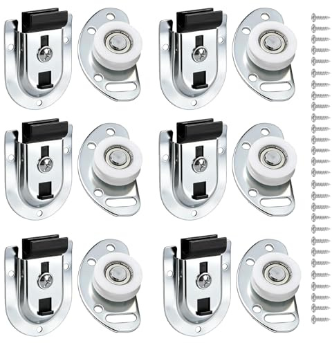 6+6 Sliding Closet Door Hardware, Ball Bearing Rollers Smooth Easy Install | 6Set Universal sliding door replacement fittings with quiet smooth slide, compatible with most home closet wardrobe doors