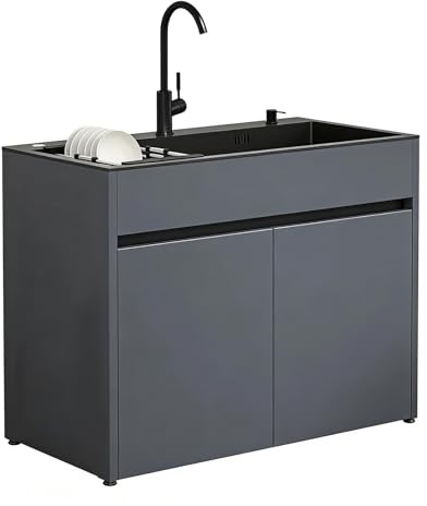 Mueble Fregadero con Cubeta de Acero Inoxidable Negro para Lavadero y Garaje, armario de almacenamiento de aluminio de panel de abeja con grifo, dispensador de jabón y cesta extraíble, ajustable