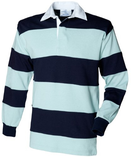 Front Row Sewn Stripe Long Sleeve Sports Rugby Polo Shirt (L) (Duck Egg/Navy)