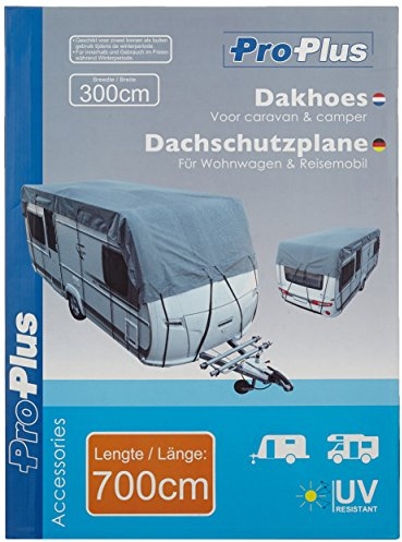 ProPlus Dachschutzplane 7,0 x 3 m – Für Wohnwagen und Reisemobil bis 300 cm Breite – Atmungsaktiv SFS 3-lagig + 13 Gurte – Grau
