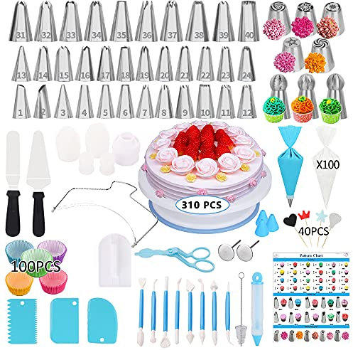 Cake Decorating Supplies Kit,170 PCS Baking Supplies Set with Icing Piping Tips & Russian Nozzles with Pattern Chart, Rotating Turntable Stand, Frosting, Piping Bags - Best Mother’s Day Gifts