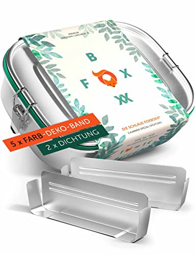 FOXBOXX Brotdose Edelstahl Premium | Mini 800ml | 2 Trenner / 3 Fächer |5 x DEKO-Farbringe + 2 x Dichtung & Smart Clips | Auslaufsichere, umweltfreundliche Lunchbox für Kinder