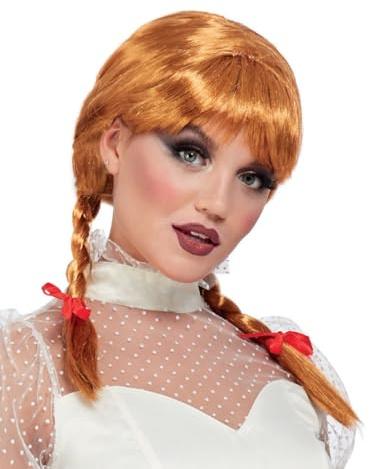 Smiffys Porcelain Doll Wig, Auburn with Plaits & Ribbons, Halloween Fancy Dress Accessory, Halloween Fancy Dress Accessories Dress Up Masks