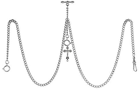 TREEWETO Taschenuhrkette mit T Bar Endstück Gesamtlänge 72cm Doppel Albert T-Bar Taschenuhr Kette mit Antiker Kreuz Anhänger und 3 Haken für Weste Knopfloch Silber