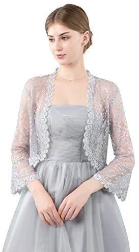 Central Chic Boléro en dentelle à devant ouvert pour femmes pour mariages, mariées, demoiselles d'honneur, robes de soirée S-M, gris argenté, taille unique