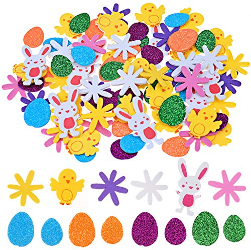 HOWAF 100pcs Pascua Purpurina Pegatinas de Espuma, Pascua Autoadhesivas Artesanía Pegatinas para Niños Bricolaje Scrapbooking Manualidades de Pascua, Pollito Conejito Huevo de Pascua Stickers Adorno