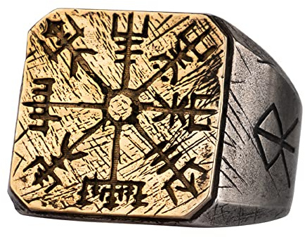 ForFox Wikinger Kompass Vegvisir Ring aus Kupfer und 925 Sterling Silber mit Nordischen Runen für Herren Damen Offen und Verstellbar