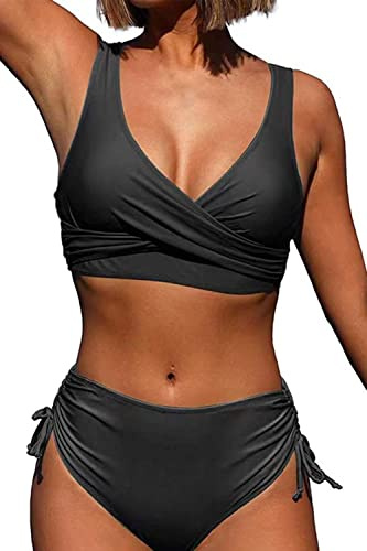 CheChury Costume da Bagno Sexy Donna Imbottito Push Up Vita Alta in Due Pezzi Classico Regolabile Costume da Bagno Incrociato Scollo a V Bikini Push Up Imbottito Beachwear Vacanza