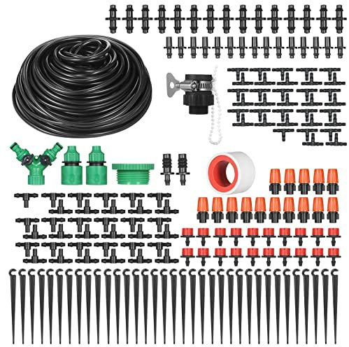 Geevorks Programador de Riego para Jardín,Sistema de Riego Jardín con Tubos de 30m,Ajustable Boquilla Aspersor Pulverizador y Gotero Automatico,Kit Riego por Goteo de Jardín para Césped Y Balcones DIY