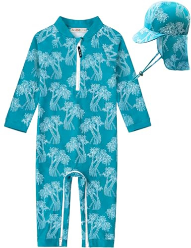 weVSwe Baby Badeanzug Junge Einteiliger Badebekleidung UV Schutz Schwimmanzug Langarm mit Sonnenhut Grüne Palme 6-12 Monate