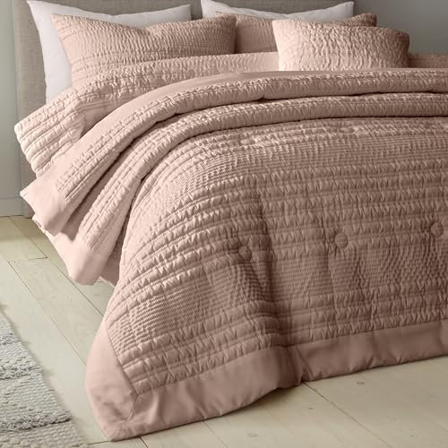 Catherine Lansfield Lennon Stripe Seersucker Quilted 220x220cm Bedspread Clay