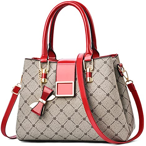 FORRICA Handtaschen Damen Bogen Anhänger Umhängetasche Mode Ahornblatt Henkeltasche Frauen Shopper Tasche PU Leder Schultertasche Rot A
