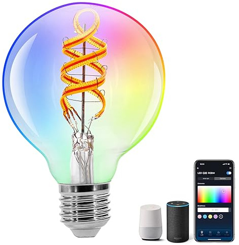 Aigostar Alexa Glühbirne E27，Alexa Lampe RGBW 4.9W 420LM, Smart Bulb G80 2700K, Smart Glühbirne Groß Kompatibel mit Alexa und Google Home, Wlan Glühbirne Warmes Licht, 1 Stück