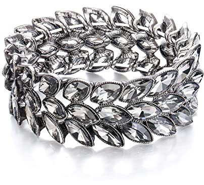 EVER FAITH Armband Art Deco Wrist Jewelry for Prom 3 Marquise Kristall Blatt Elastisches Stretch Grau Schwarz-Ton