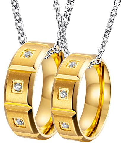 BCughia Partner Ketten mit Ring, Partner Ketten für 2 Gold Halskette Personalisiert 8 mm Goldring mit Zirkonia Halsketten Pärchen Geschenke für Ehefrau