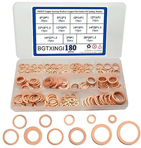 BGTXINGI Lot de 180 rondelles d'étanchéité en cuivre de 15 sortes, joint plat en cuivre, boîte de rondelle d'étanchéité M5 M6 M8 M10 M12 M14 M16 M20