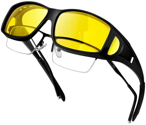 KANASTAL Occhiali Guida Notturna Uomo Lenti Gialle Donna Sovraocchiali Visione Notturni Notte Sovrapponibili Avvolgenti Rettangolari Yellow Night Driving over Glasses -Gialli Neri